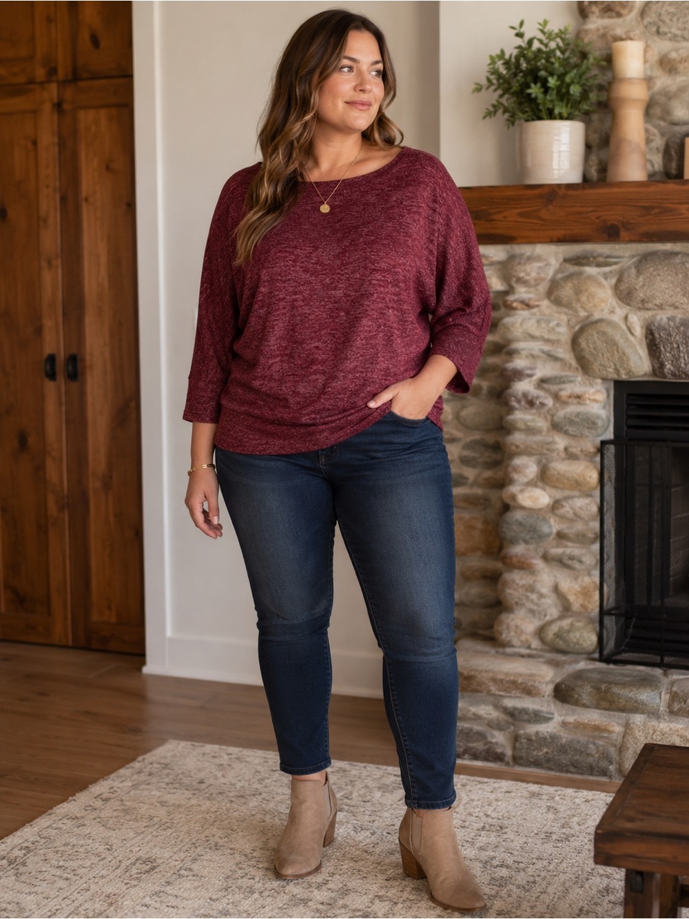 Haute Fox 3X Burgundy Marled Dolman Sweater Top Plus Size Cozy Casual